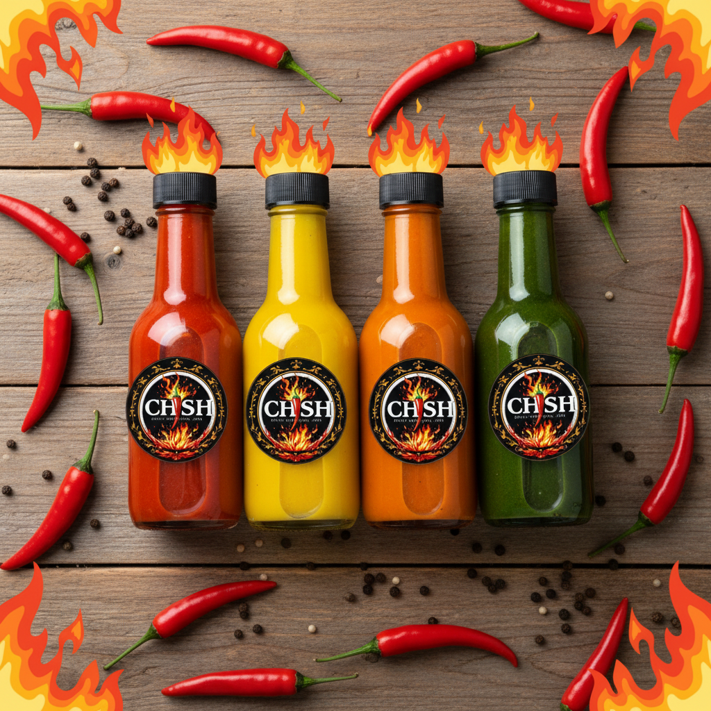 Four CHSH Chilli Creations hot sauce bottles flat lay with chillies